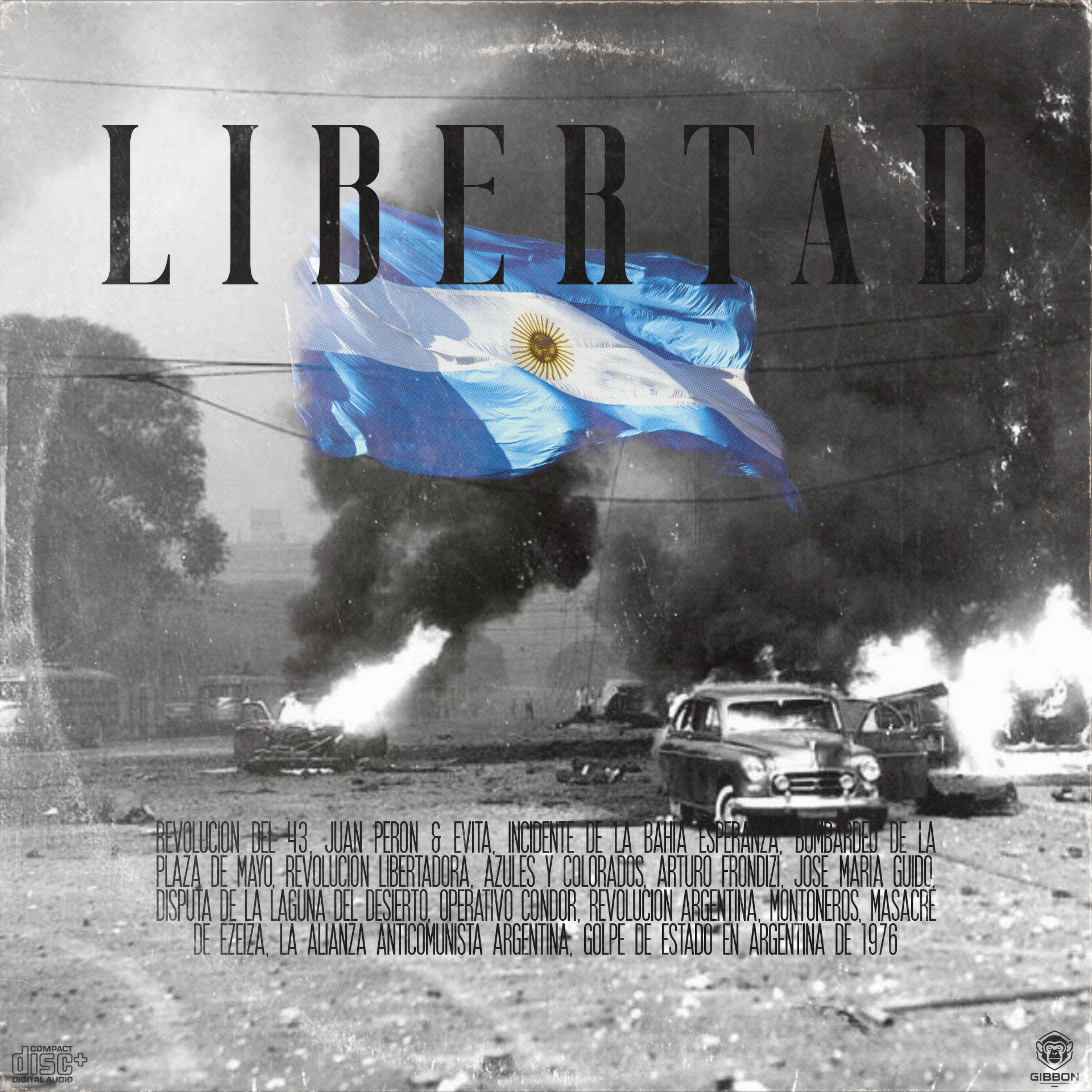 Libertad — Argentine flag over a burning street