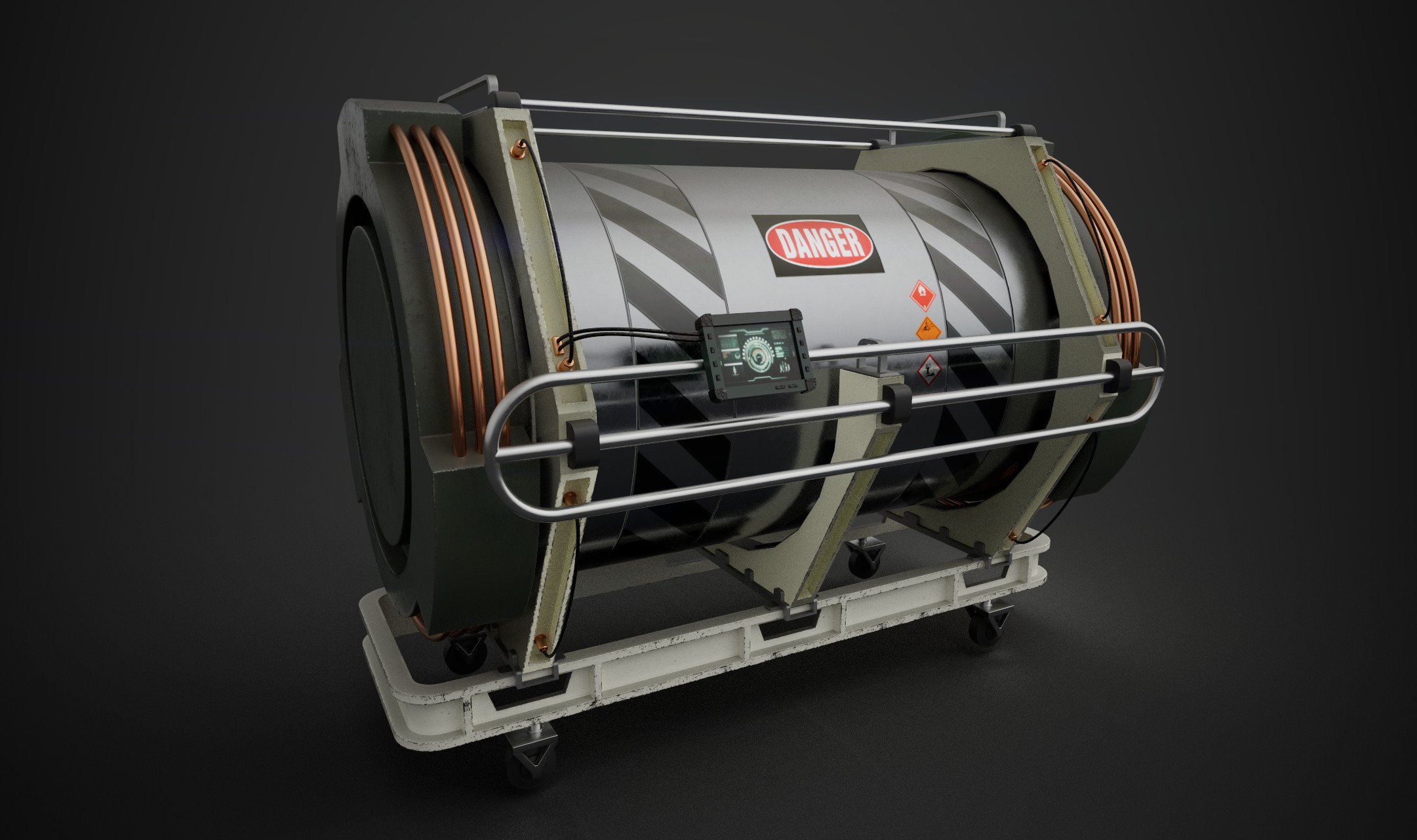 Textured render of a pressurised tank strapped to a wheeled cart