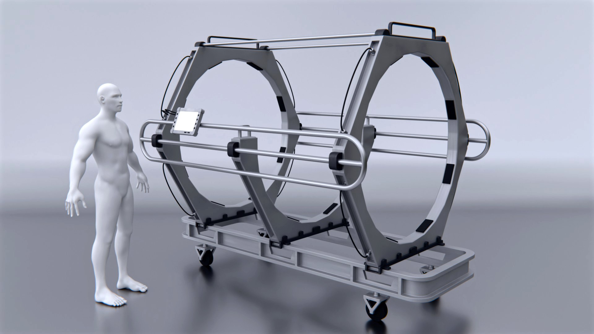 Clay render of the cart frame with a figure for scale